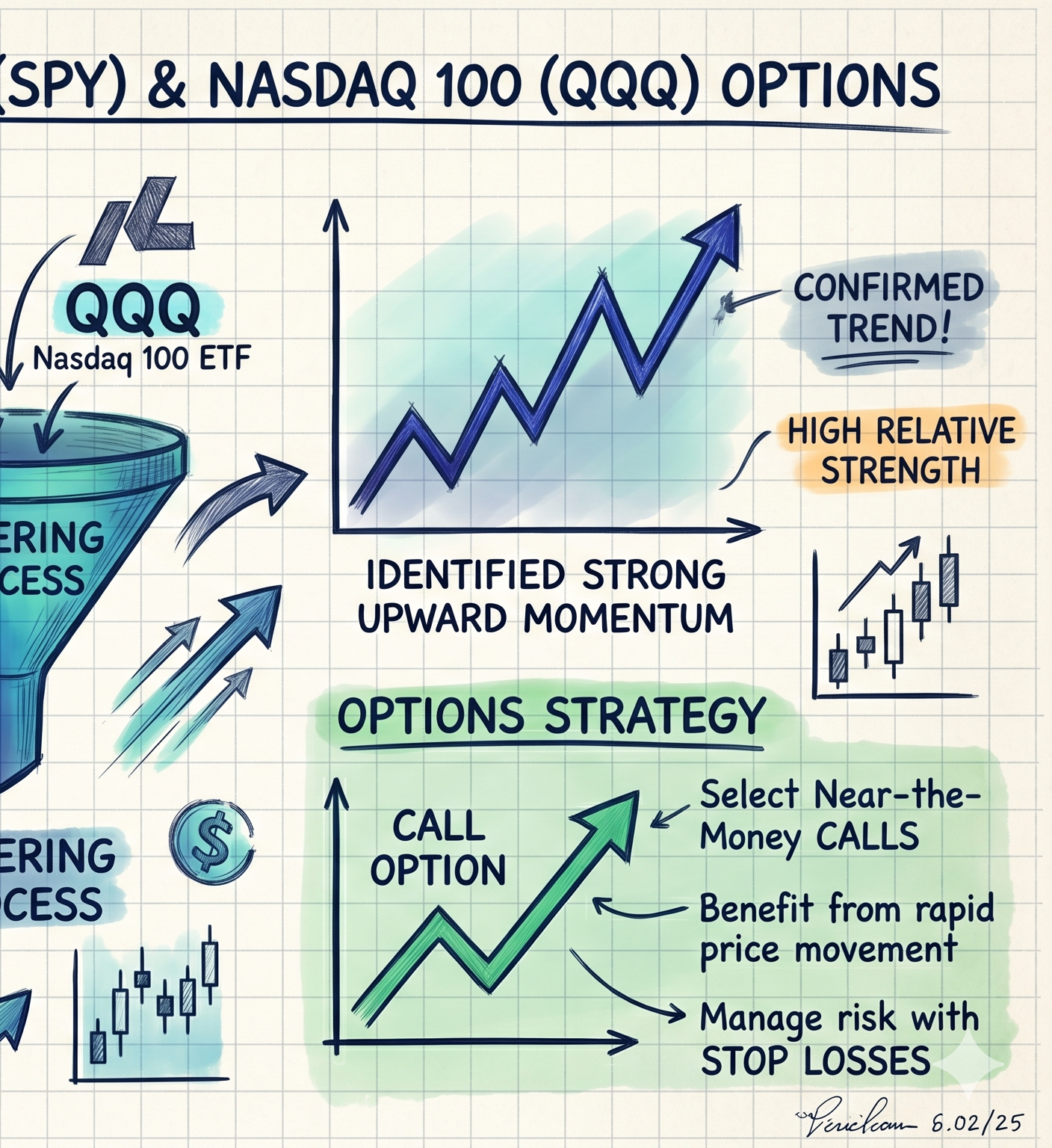 Confirmed momentum to options strategy Right half of the momentum scanning diagram — confirmed upward trend chart with high relative strength callout and the options-strategy panel selecting near-the-money calls