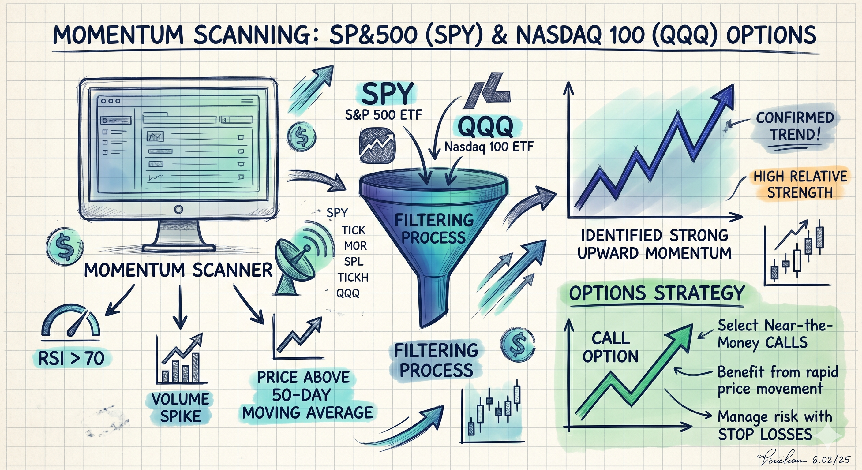 Sketch of a momentum scanning process — filters tickers from SPY and QQQ through RSI, volume, and moving-average gates into a confirmed trend signal