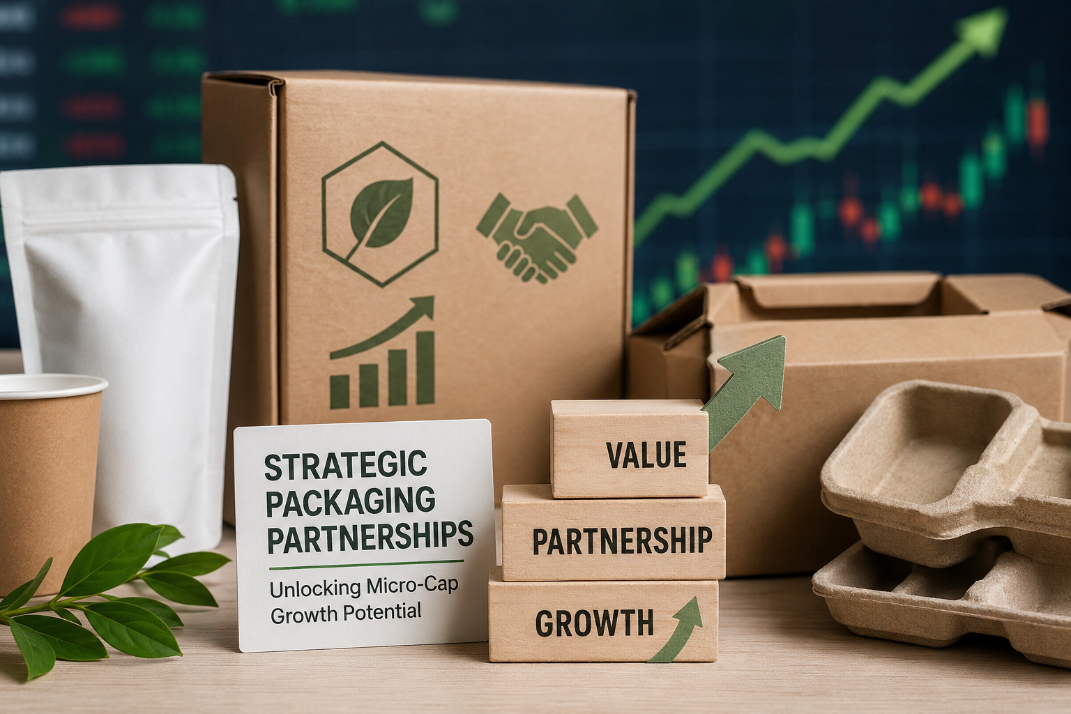 Sustainable packaging products and wooden blocks reading Value, Partnership, Growth in front of a rising stock chart
